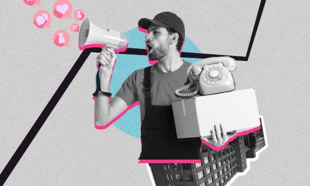 um homem fazendo propaganda por raio e telefone