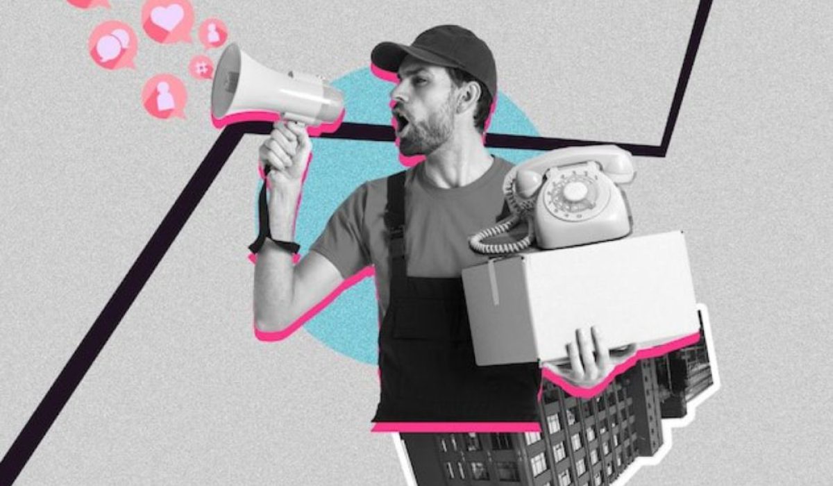 um homem fazendo propaganda por raio e telefone